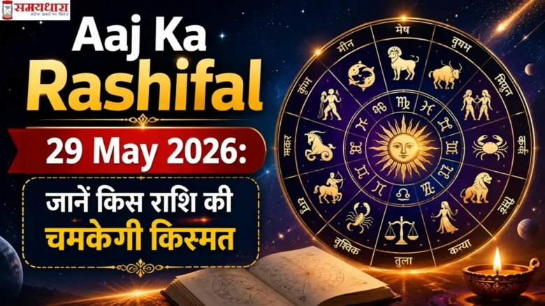 Aaj Ka Rashifal 29 May 2026 इमेज जिसमें राशिचक्र, ज्योतिषीय प्रतीक और सभी राशियों का भविष्यफल दर्शाया गया है।