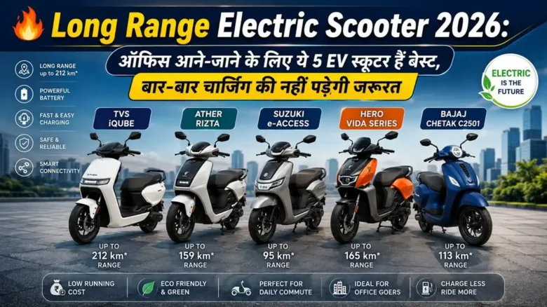 Long Range Electric Scooter 2026 comparison image featuring TVS iQube, Ather Rizta, Suzuki e-Access, Hero Vida Series and Bajaj Chetak C2501 for daily office commute in India.